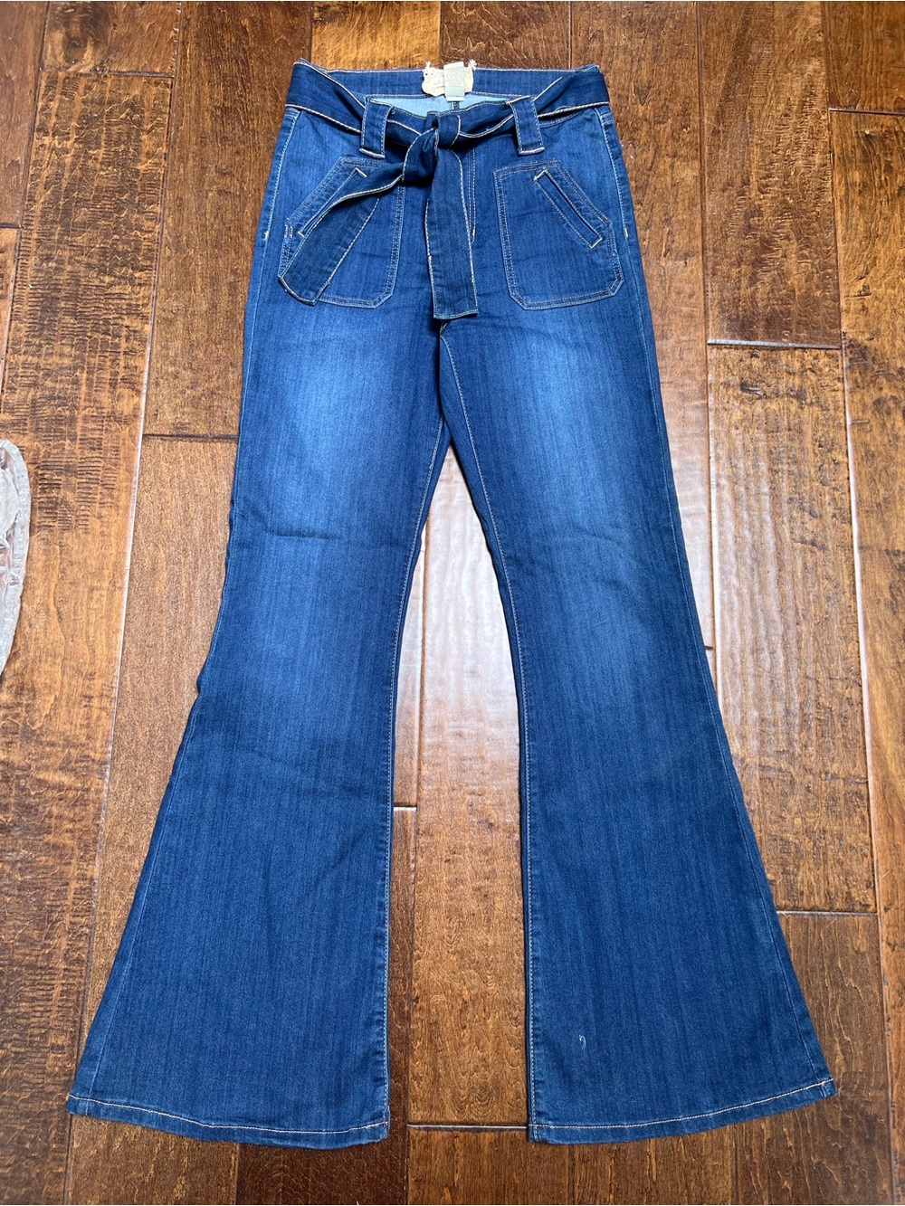 Altar'd State Dark Blue High-Rise Flare Jeans with Self-Tie Belt